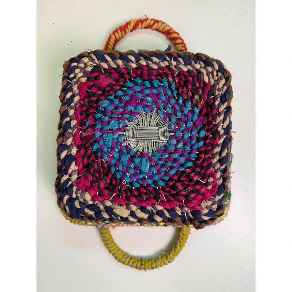 Handmade Multi Color Woven Fabric Wire Square Basket with Handles‎ Boho Folk Art